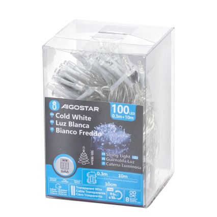Aigostar - Corrente exterior de Natal LED 100xLED/8 funções/3xAA 10,3m IP44 branco frio