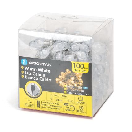 Aigostar - Corrente exterior de Natal LED 100xLED/8 funções 13m IP44 branco quente