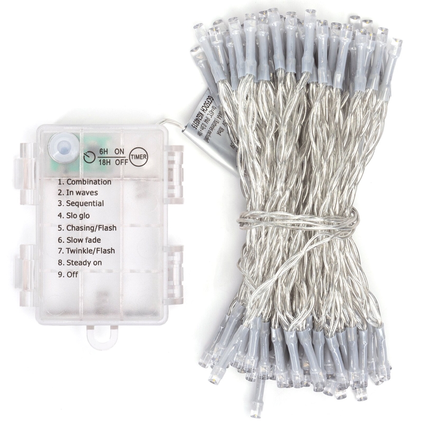 Aigostar -Corrente exterior de Natal LED 100xLED/8 funções 3xAA 10,3m IP44 branco quente