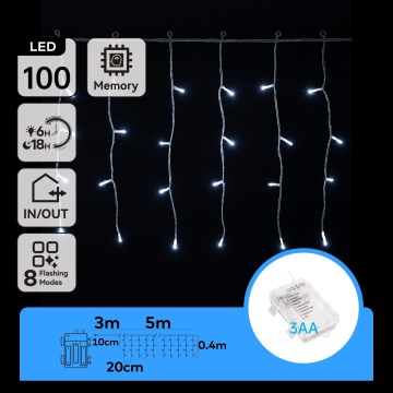 Aigostar - Corrente exterior de Natal LED 100xLED/8 funções/3xAA 8x0,4m IP44 branco frio