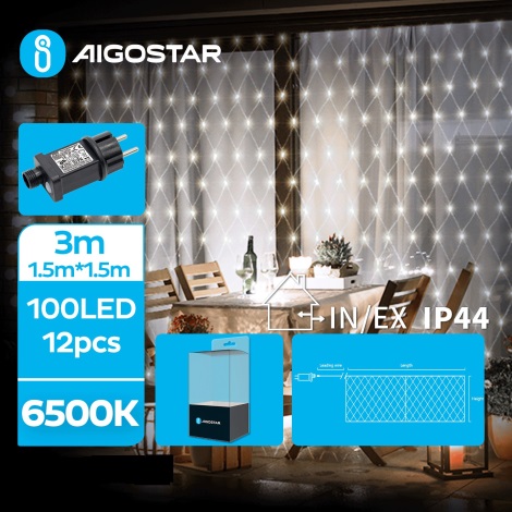 Aigostar- Corrente exterior de Natal LED 100xLED/8 funções 4,5x1,5m IP44 branco frio