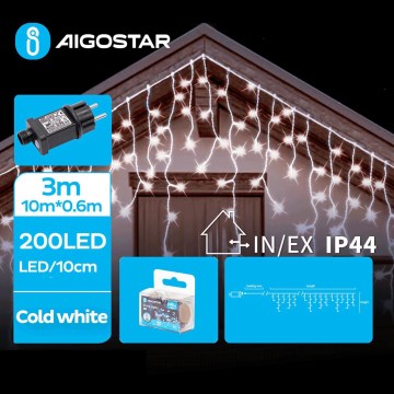 Aigostar - Corrente exterior de Natal LED 200xLED/8 funções 13x0,6m IP44 branco frio