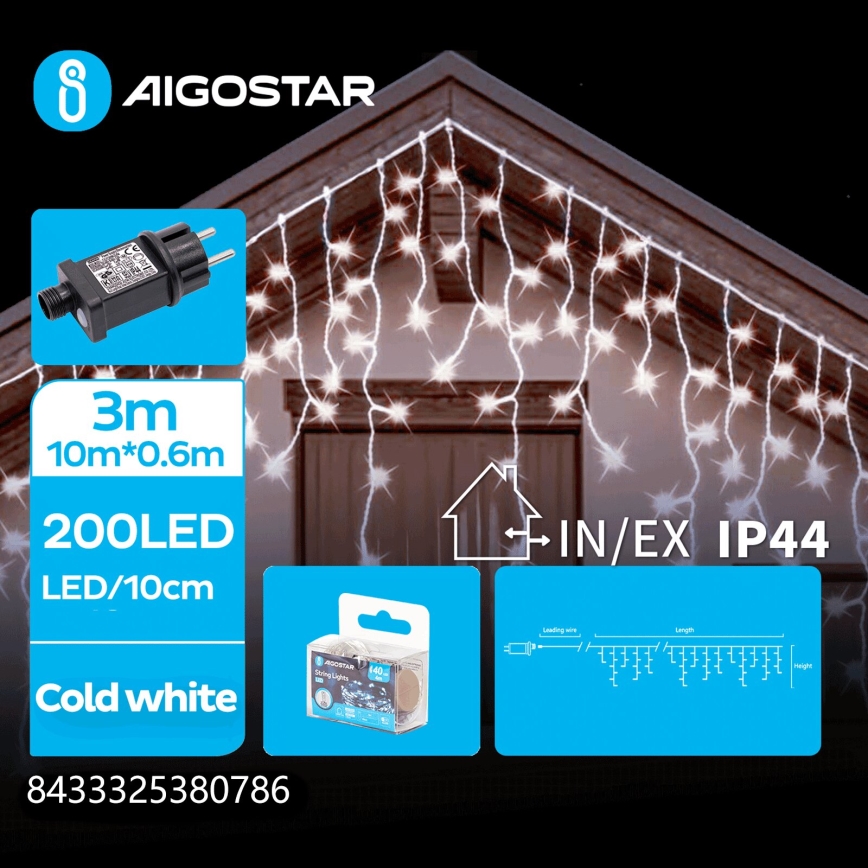 Aigostar - Corrente exterior de Natal LED 200xLED/8 funções 13x0,6m IP44 branco frio