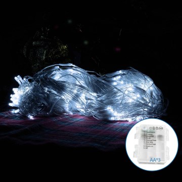 Aigostar - Corrente exterior de Natal LED 200xLED/8 funções/3xAA 6x1,5m IP44 branco frio