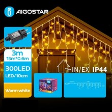 Aigostar - Corrente exterior de Natal LED 300xLED/8 funções 18x0,6m IP44 branco quente