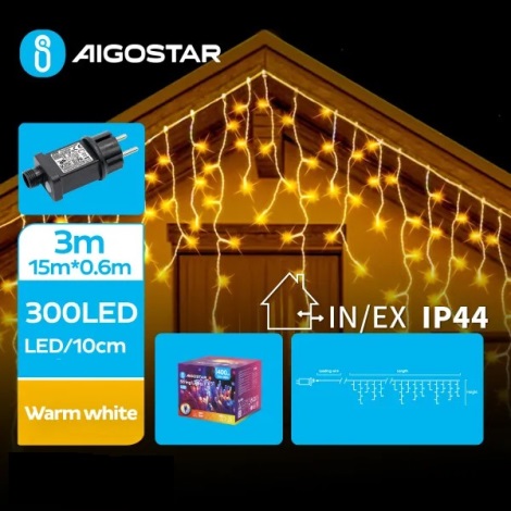 Aigostar - Corrente exterior de Natal LED 300xLED/8 funções 18x0,6m IP44 branco quente