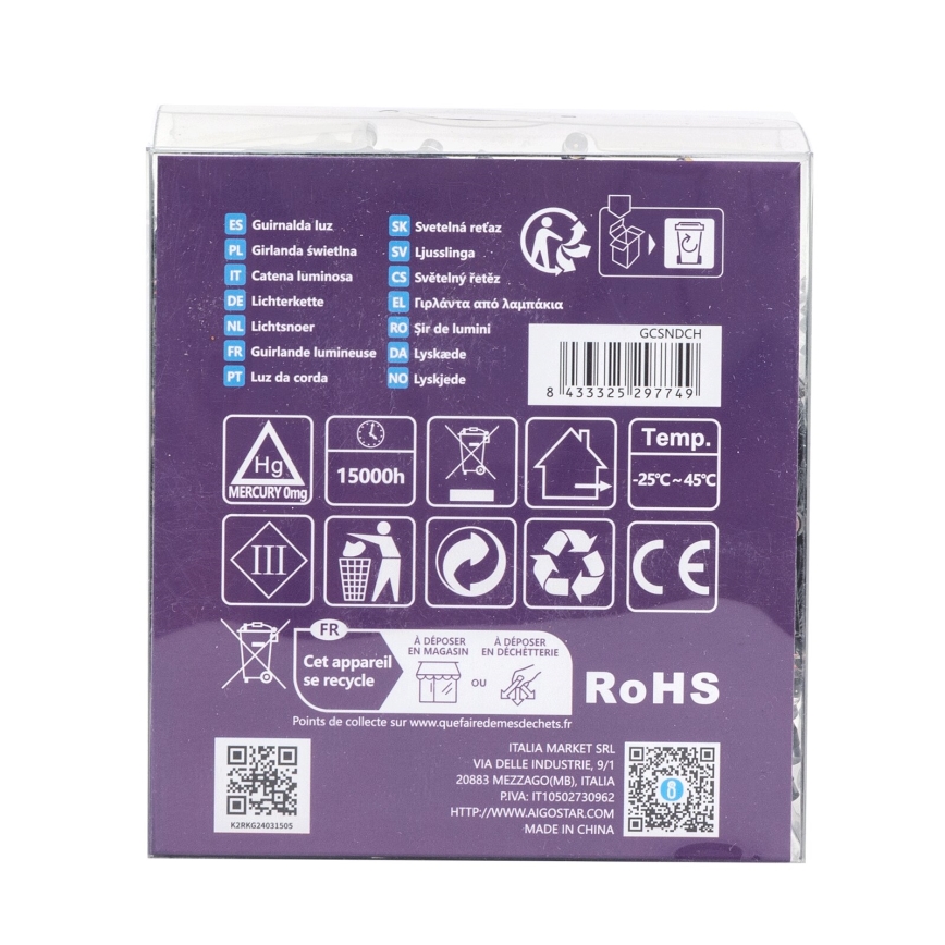 Aigostar -Corrente exterior de Natal LED 300xLED/8 funções 3xAA 15,3m IP44 multicolorida