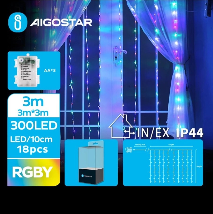 Aigostar - Corrente exterior de Natal LED 300xLED/8 funções 3xAA 6x3m IP44 multicolor