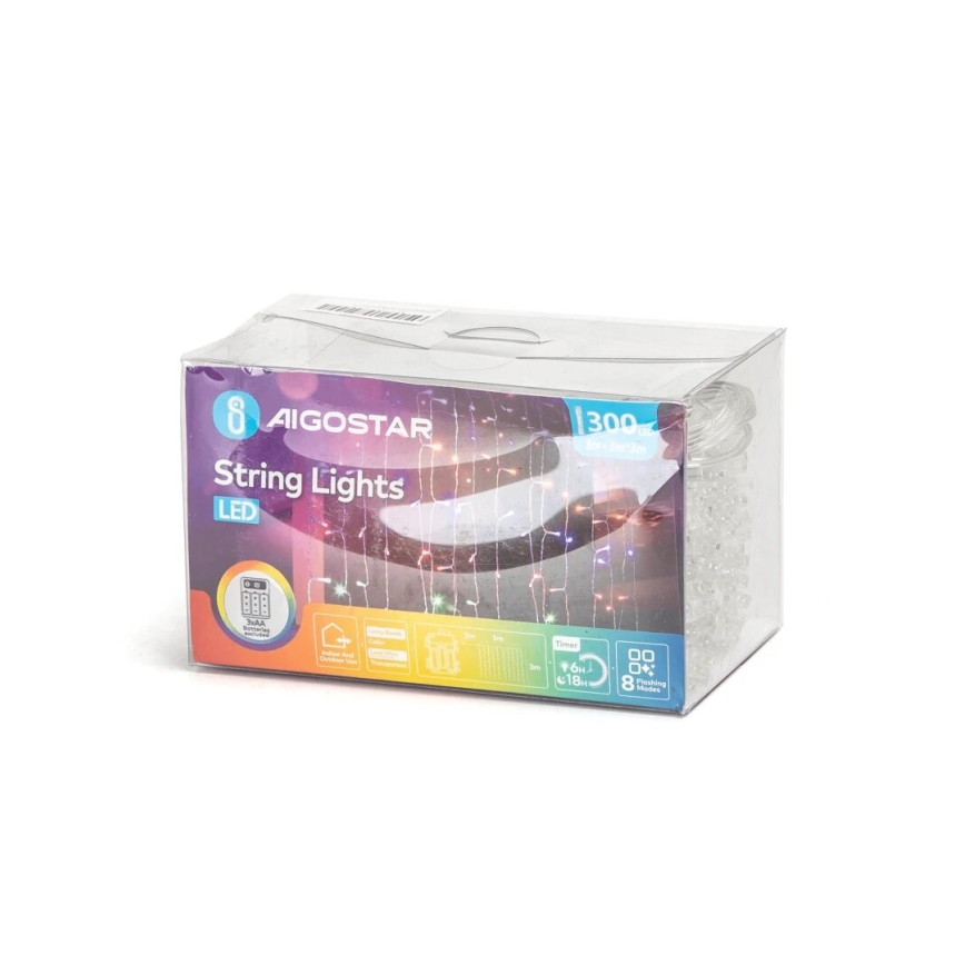 Aigostar - Corrente exterior de Natal LED 300xLED/8 funções 3xAA 6x3m IP44 multicolor