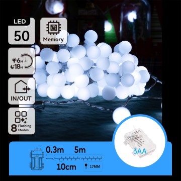 Aigostar - Corrente exterior de Natal LED 50xLED/3xAA/8 funções 5,3 m IP44 branco frio