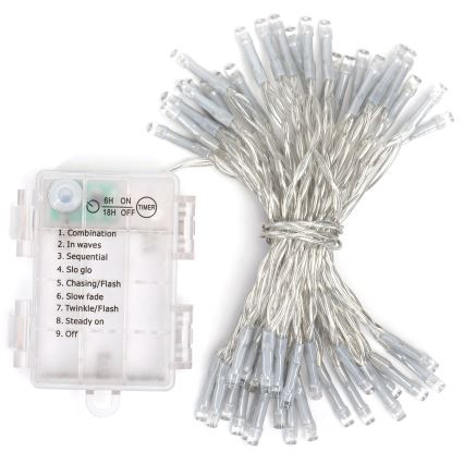 Aigostar - Corrente exterior de Natal LED 50xLED/8 funções 3xAA 5,3m IP44 branco frio