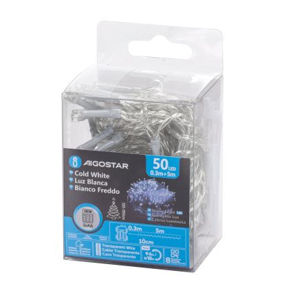 Aigostar - Corrente exterior de Natal LED 50xLED/8 funções 3xAA 5,3m IP44 branco frio