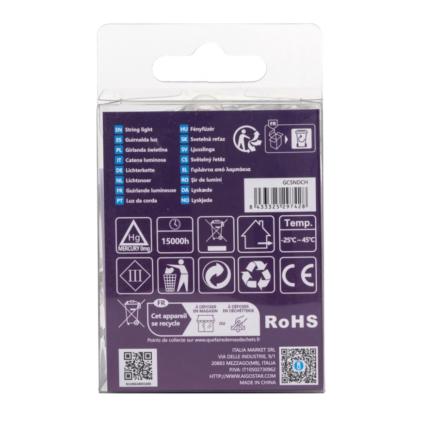 Aigostar - Corrente exterior de Natal LED 50xLED/8 funções 3xAA 5,3m IP44 branco frio