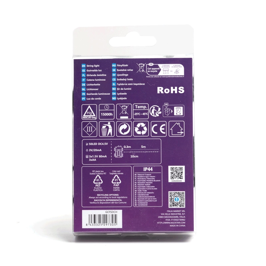 Aigostar - Corrente exterior de Natal LED 50xLED/8 funções 3xAA 5,3m IP44 branco quente