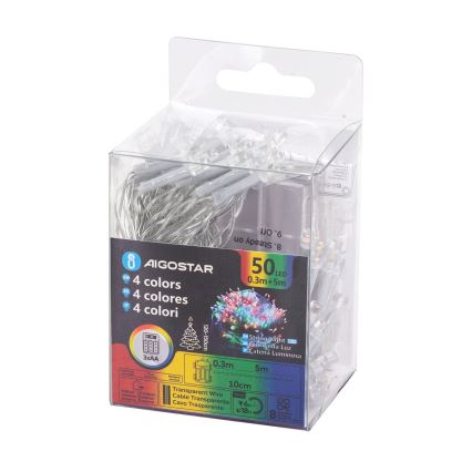 Aigostar - Corrente exterior de Natal LED 50xLED/8 funções 3xAA 5,3m IP44 multicolorida