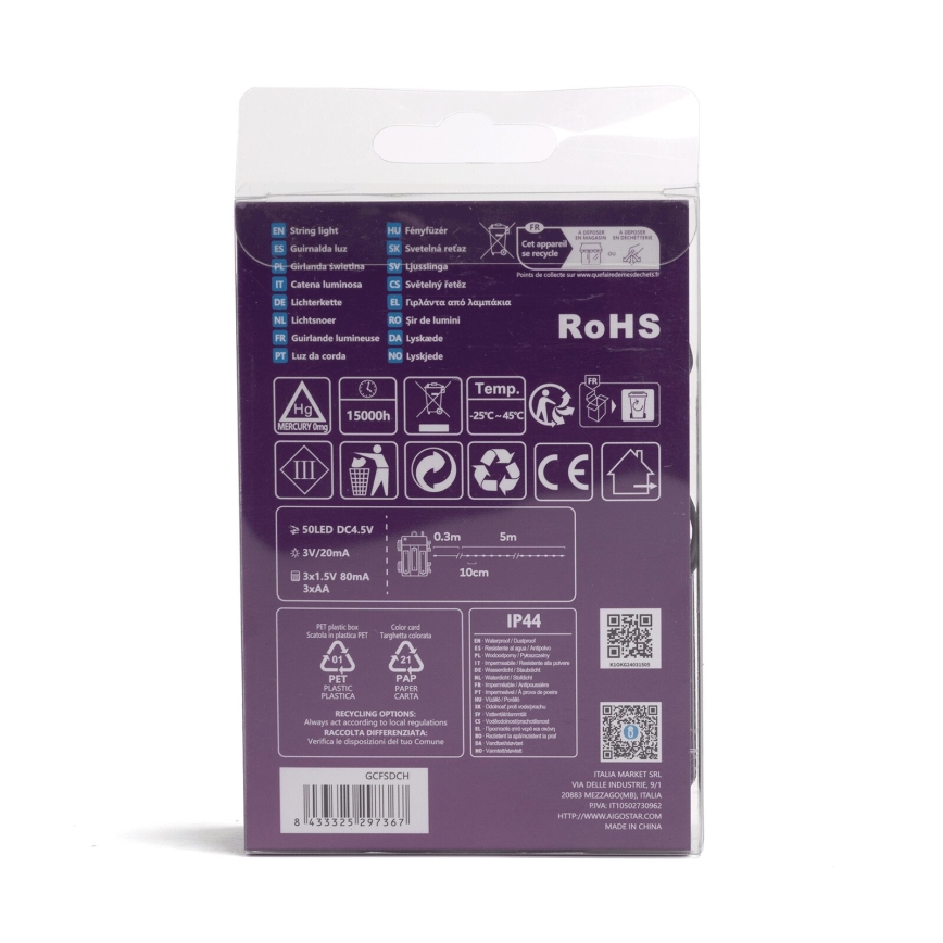 Aigostar - Corrente exterior de Natal LED 50xLED/8 funções 3xAA 5,3m IP44 multicolorida