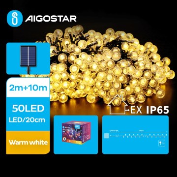 Aigostar - Corrente solar LED decorativa 50xLED/8 funções 12m 800 mAh IP65 branco quente