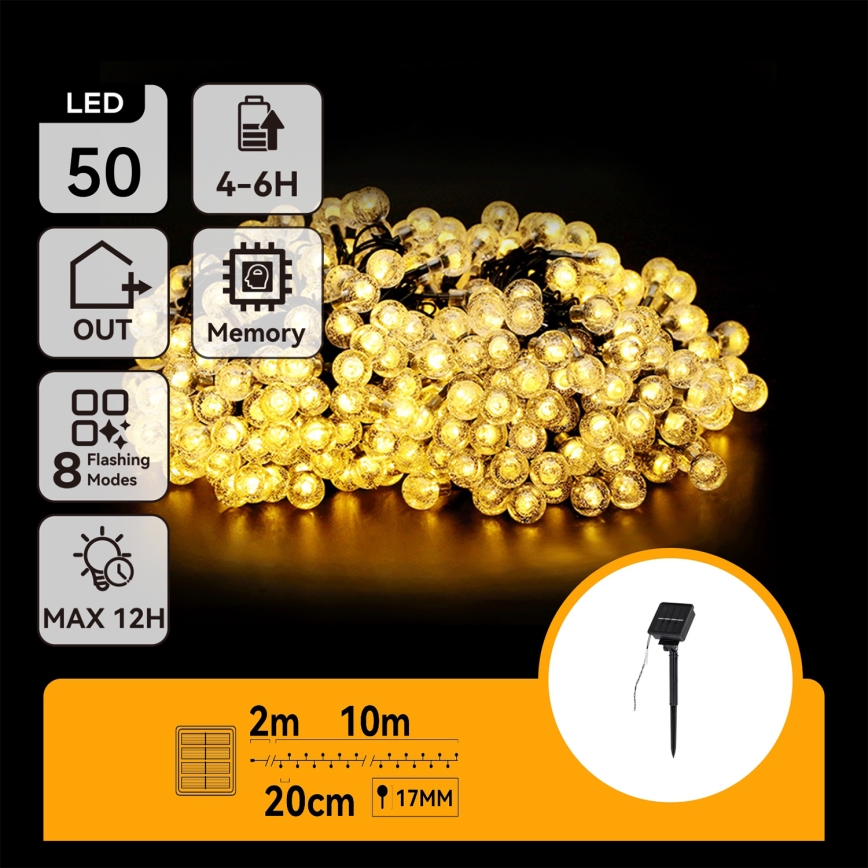 Aigostar - Corrente solar LED decorativa 50xLED/8 funções 12m 800 mAh IP65 branco quente