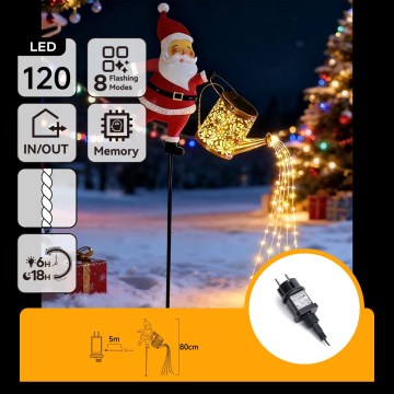 Aigostar - Decoração de Natal LED para exterior 120xLED/8 funções 80 cm IP44 Santa/branco quente