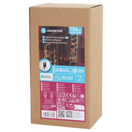 Aigostar - Decoração de Natal LED para exterior, 154 LEDs, 8 modos, 1,6 m, IP44, branco frio