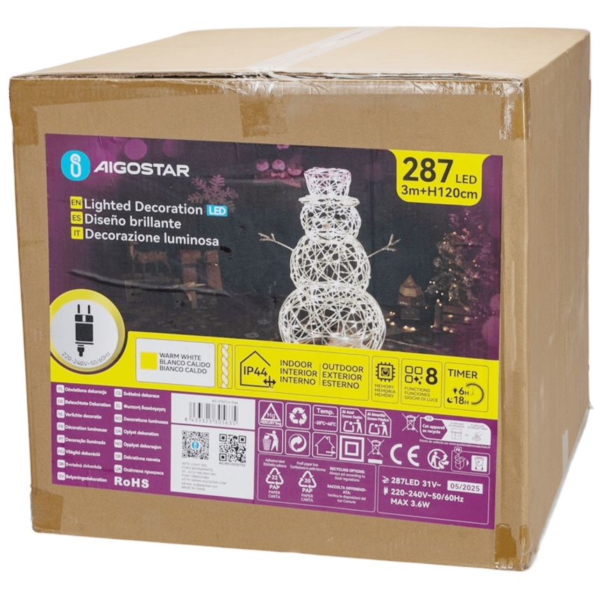 Aigostar - LED Decoração de Natal para exterior 3,6W/31/230V 2700K 120 cm IP44 boneco de neve