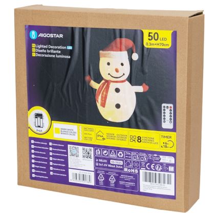 Aigostar - Decoração de Natal LED para exterior 50xLED/3xAA 0,7m IP44 boneco de neve + controlo remoto