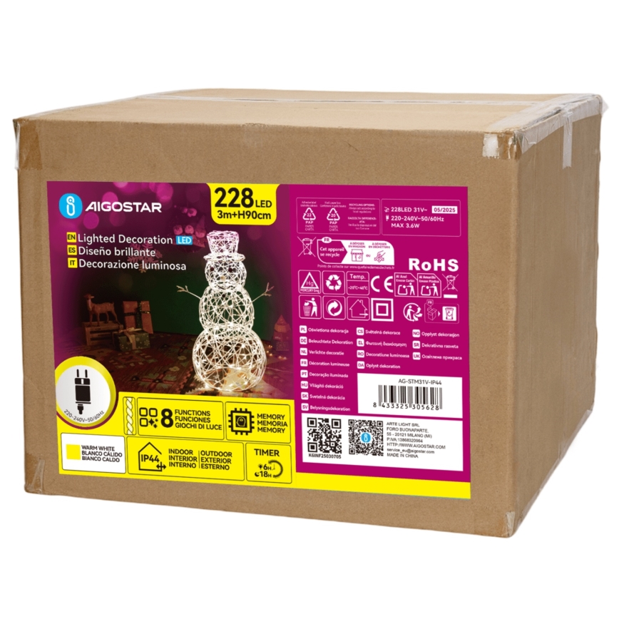 Aigostar - Decoração exterior de Natal LED LED/3,6W/31/230V 2700K 90 cm IP44 boneco de neve