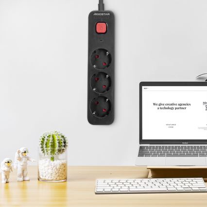Aigostar - Extensão com interruptor 3P Tipo F 1,5m SCHUKO preta