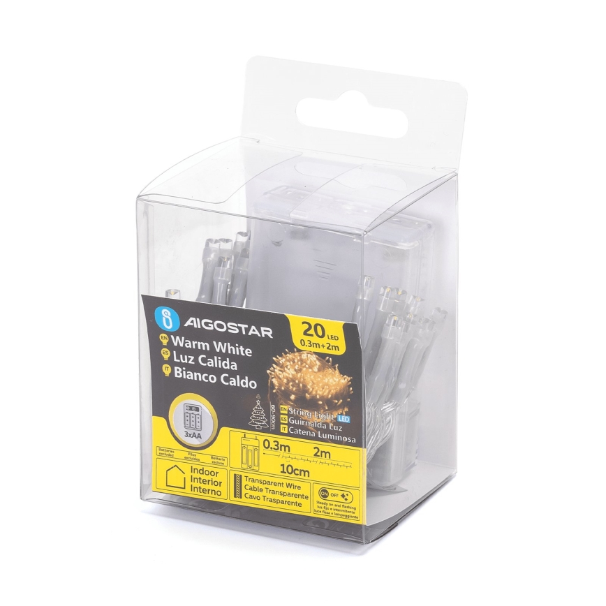 Aigostar - Fio de luzes de Natal LED 20xLED/3xAA 2,3 m branco quente