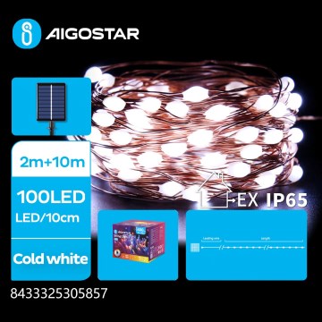 Aigostar - Fio de luzes de Natal solar LED 100xLED/8 funções 12m IP65 800 mAh branco frio