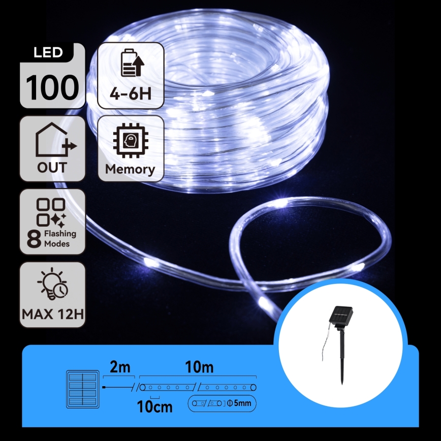 Aigostar - Fio de luzes de Natal solar LED 100xLED/8 funções 12m IP65 branco frio 800 mAh