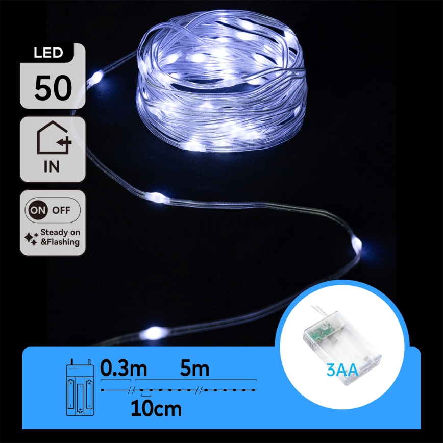 Aigostar - Fio de luzes LED de Natal 50xLED/3xAA 5,3m branco frio