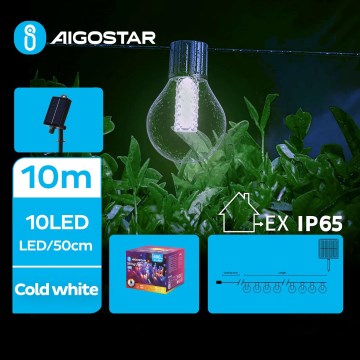 Aigostar - Fio decorativo solar LED 10xLED/8 funções 10,5m IP65 branco frio 1200 mAh