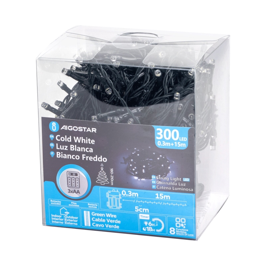 Aigostar - Guirlanda de Natal LED para Exterior 300xLED/8 funções 15,3m IP44 branco frio