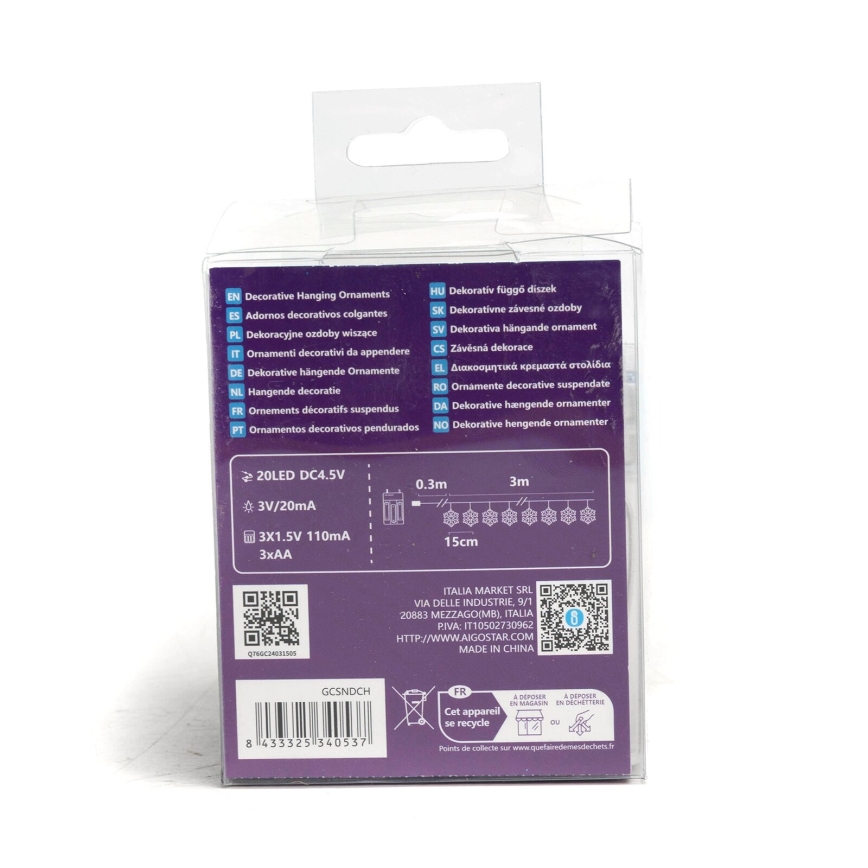 Aigostar - Fio de Luz LED de Natal 20xLED/3xAA 3,3m flocos de neve