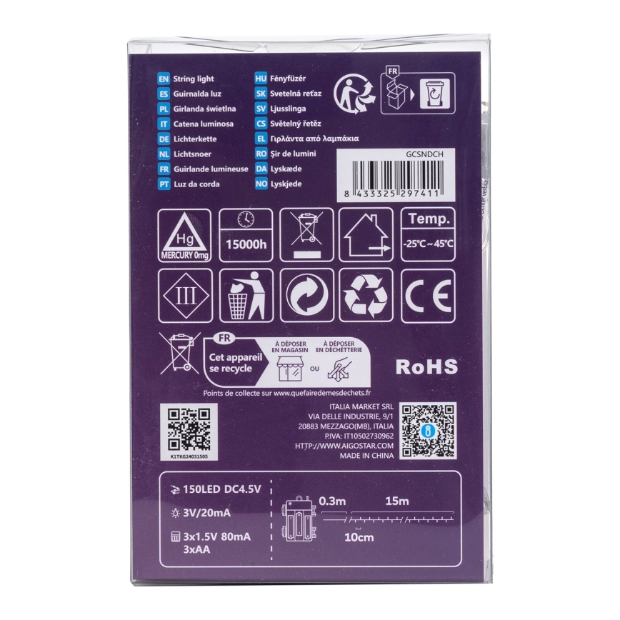 Aigostar - Guirlanda de Natal LED para Exterior 150xLED/8 funções 3xAA 15,3m IP44 branco quente