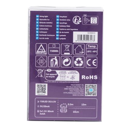 Aigostar - Guirlanda de Natal LED para exterior 150xLED/8 funções 3xAA 15,3m IP44 multicolor