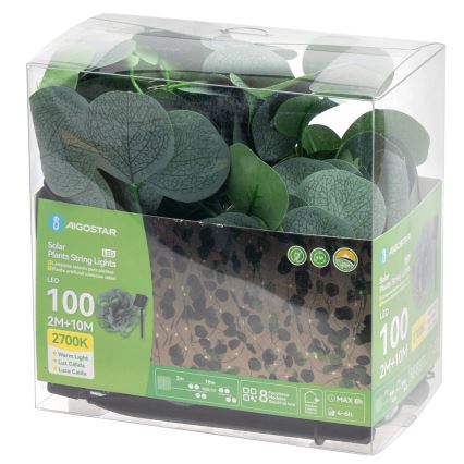 Aigostar - Fio de Luz Solar LED 100xLED/12m IP65 300 mAh branco quente eucalipto