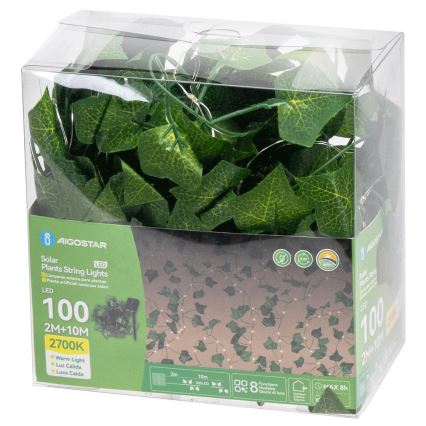 Aigostar - Fio de luz solar LED 100xLED/12m IP65 300 mAh branco quente hera