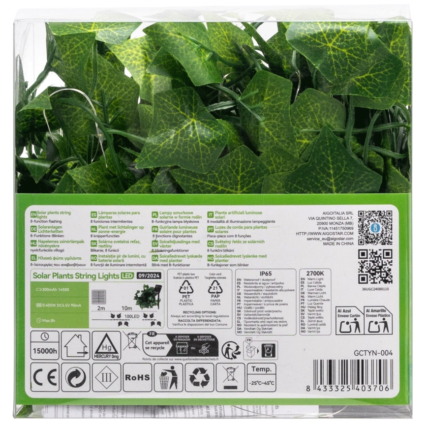 Aigostar - Fio de luz solar LED 100xLED/12m IP65 300 mAh branco quente hera