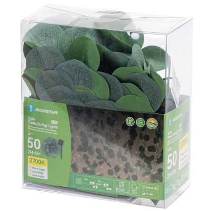 Aigostar - Fio de Luz Solar LED 50xLED/7m IP65 300 mAh branco quente eucalipto