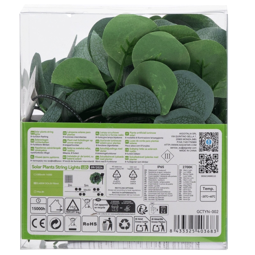 Aigostar - Fio de Luz Solar LED 50xLED/7m IP65 300 mAh branco quente eucalipto
