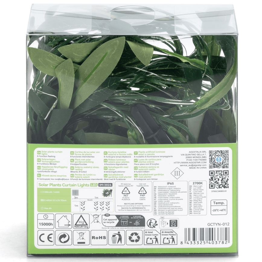 Aigostar - Fio de Luz Solar LED 70xLED/4x1m IP65 300 mAh branco quente olive