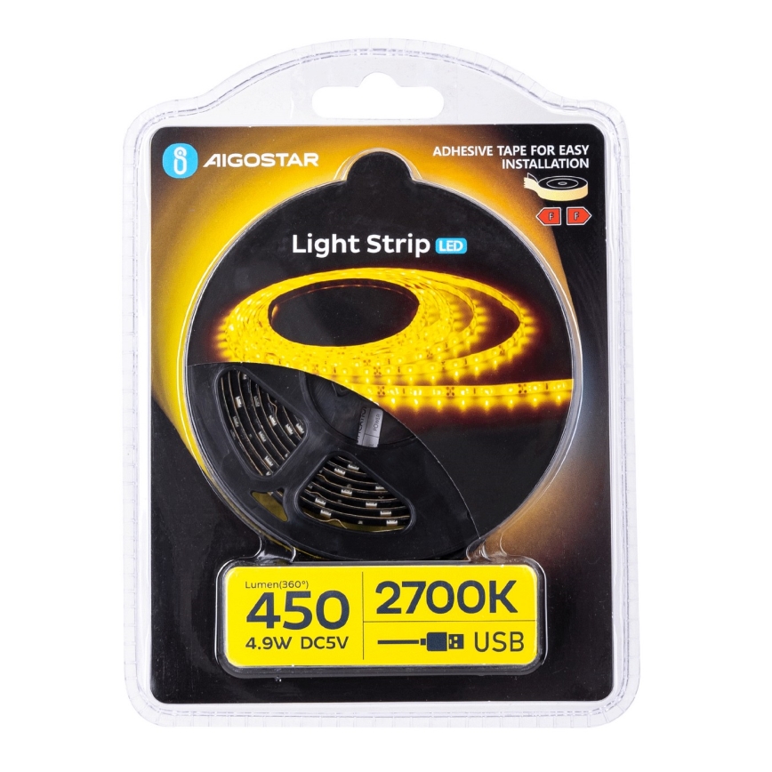 Aigostar - Fita LED 2m LED/4,9W/5V 2700K IP65 preta