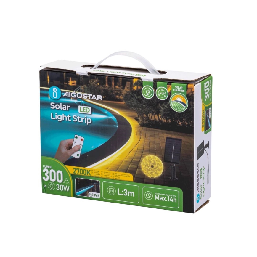 Aigostar - Fita LED solar regulável LED/1,6W/3,2V 3 m 2700K IP65 1800 mAh + comando à distância