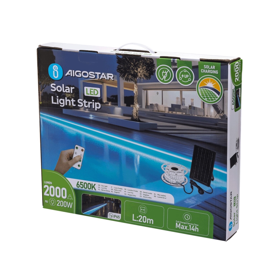 Aigostar - Fita LED solar regulável LED/20W/3,2V 20 m 6500K IP65 + controlo remoto