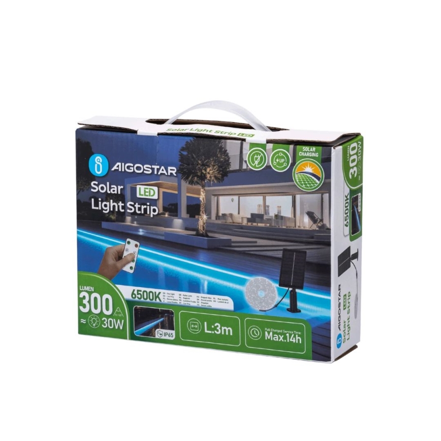Aigostar - Fita solar LED regulável LED/1,6W/3,2V 3 m 1600 mAh 6500K IP65 + comando
