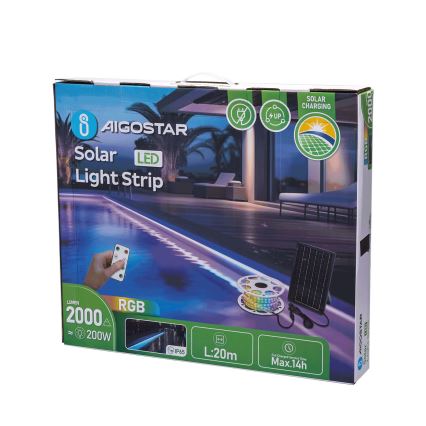 Aigostar - Fita solar LED RGB regulável LED/20W/3,2V 20 m IP65 20000 mAh + controlo remoto