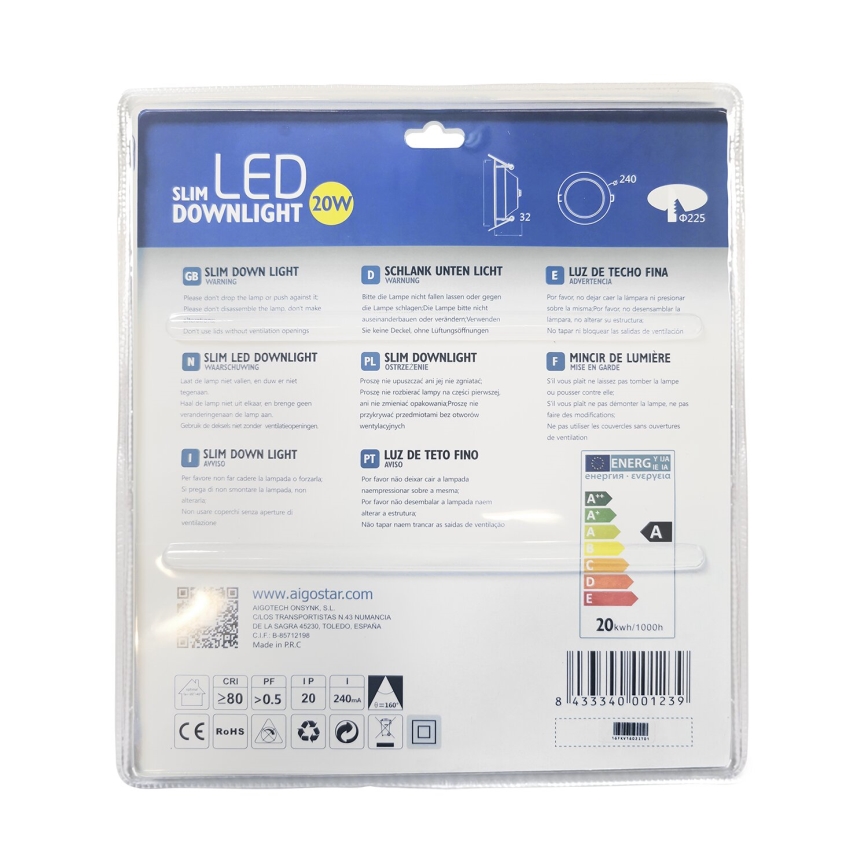 Aigostar - Foco de encastrar LED ULTRATHIN LED/20W/230V 3000K cromado mate