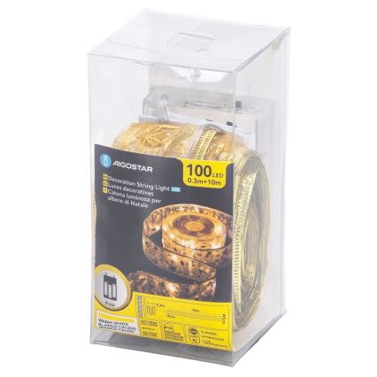 Aigostar - Cordão de luzes LED 100xLED/3xAA 10 m branco quente dourado